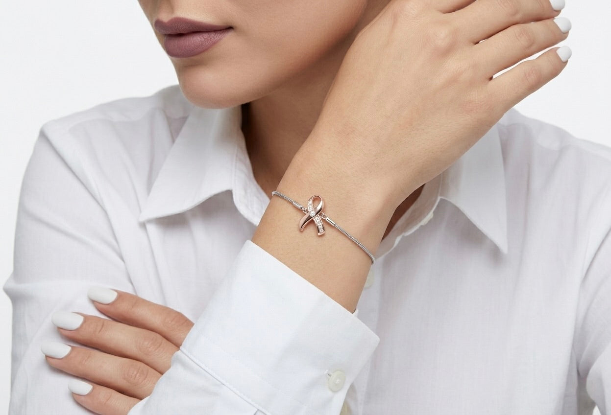 Sterling silver breast cancer awareness ribbon bracelet with diamonds