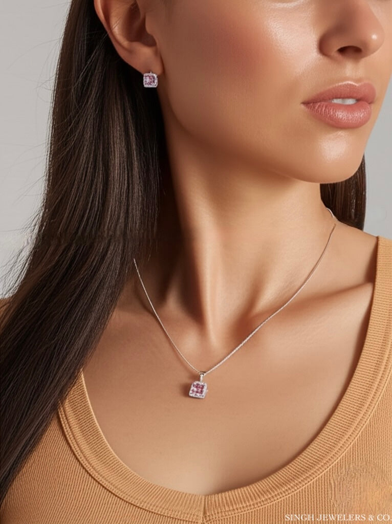 Sterling silver pink stone earrings with matching pendant