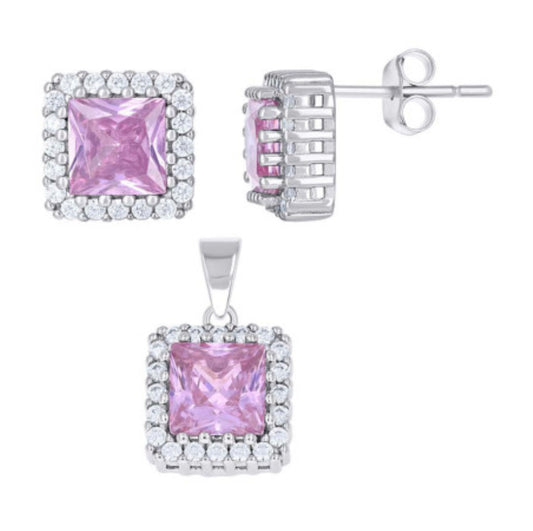 Sterling silver pink stone earrings with matching pendant