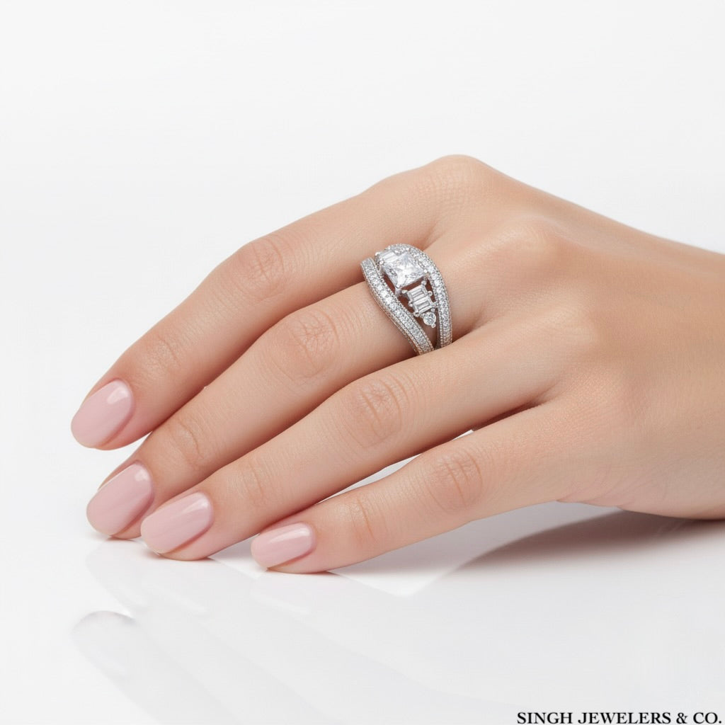 Sterling Silver Princess & Baguette White Sapphire Ring
