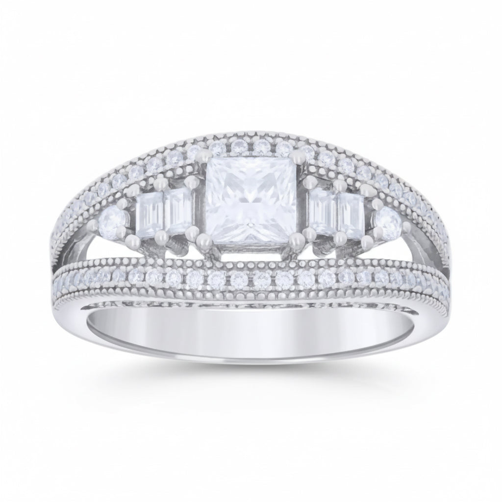 Sterling Silver Princess & Baguette White Sapphire Ring