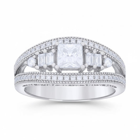 Sterling Silver Princess & Baguette White Sapphire Ring