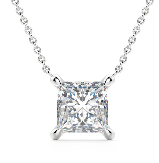 Sterling silver princess cut 0.25 Cttw Moissanite pendant with 18-inch chain.