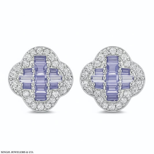 Sterling silver clover earrings with 0.37 ct purple and white moissanite