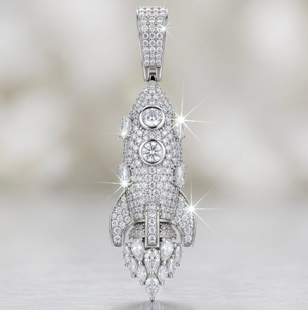 Close-up of CZ rocket pendant in 925 sterling silver for men