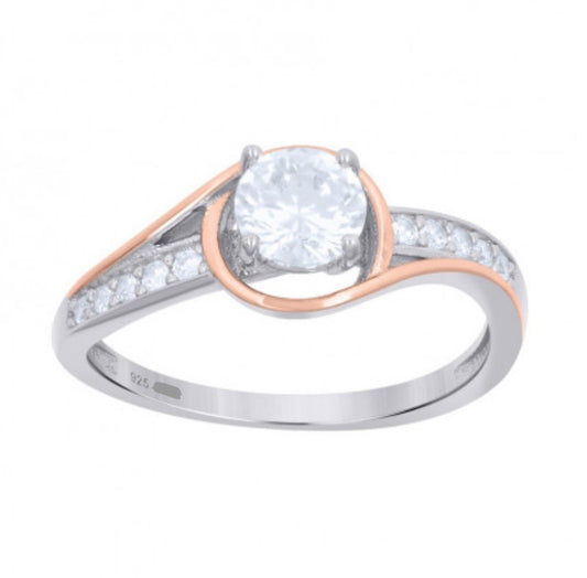 Sterling Silver Rose Tone Bypass Ring with White Sapphires – Size 6