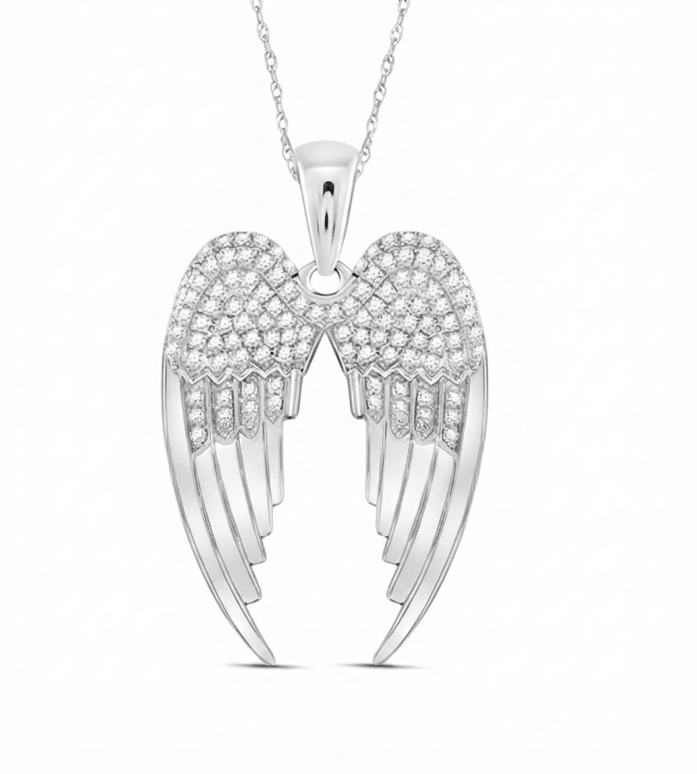 Sterling silver round diamond angel wings pendant 3/8 CT TW