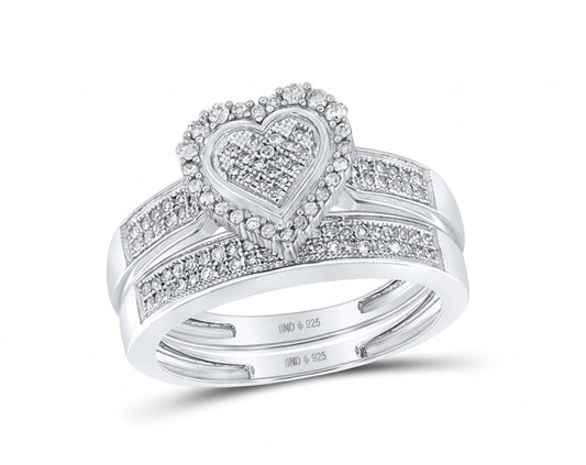 Sterling silver round diamond heart bridal wedding ring set with 3/8 carat total diamond weight
