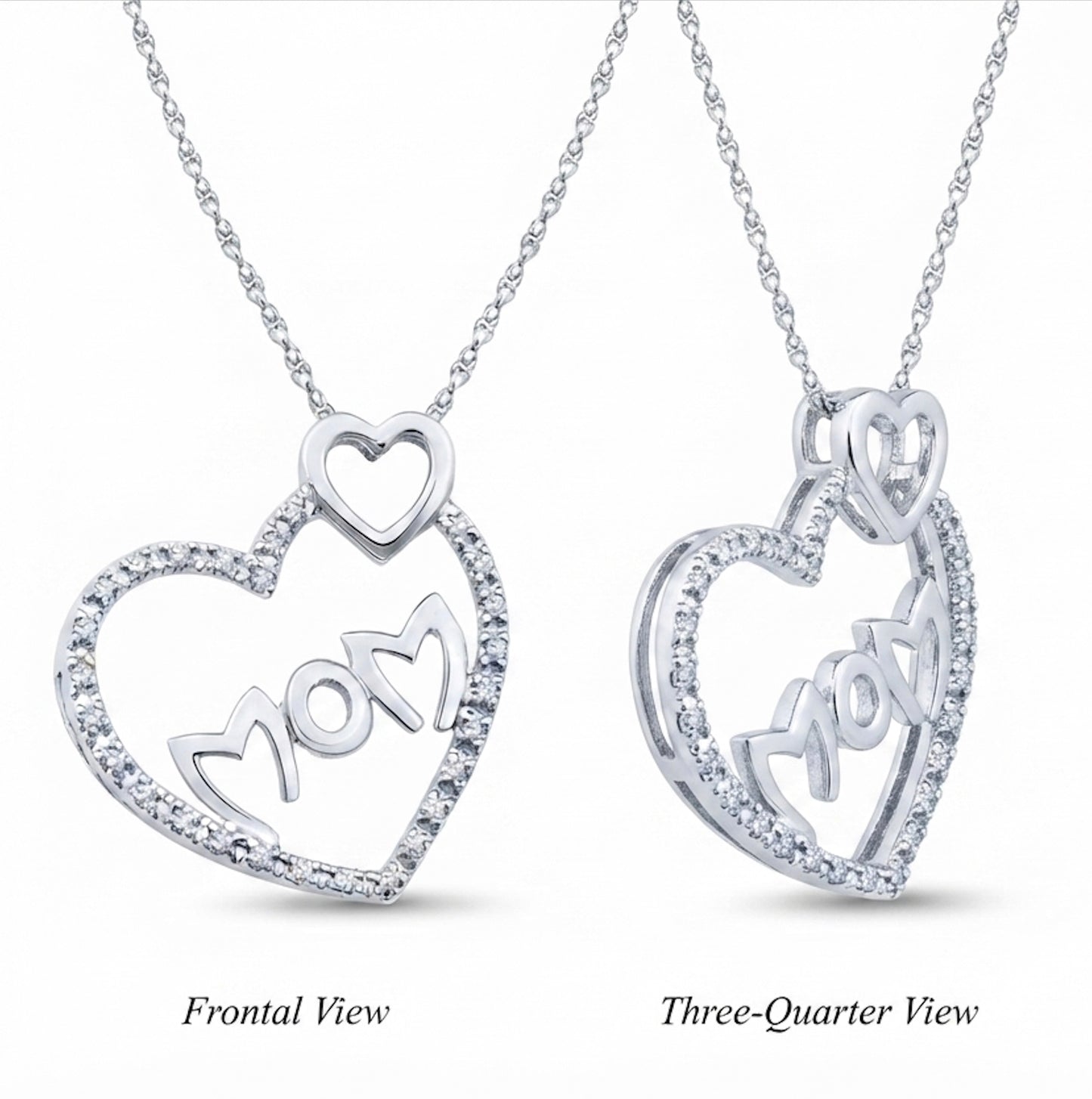 Sterling Silver Round Diamond Mom Double Heart Pendant with 1/10 CTTW Natural Diamonds on chain