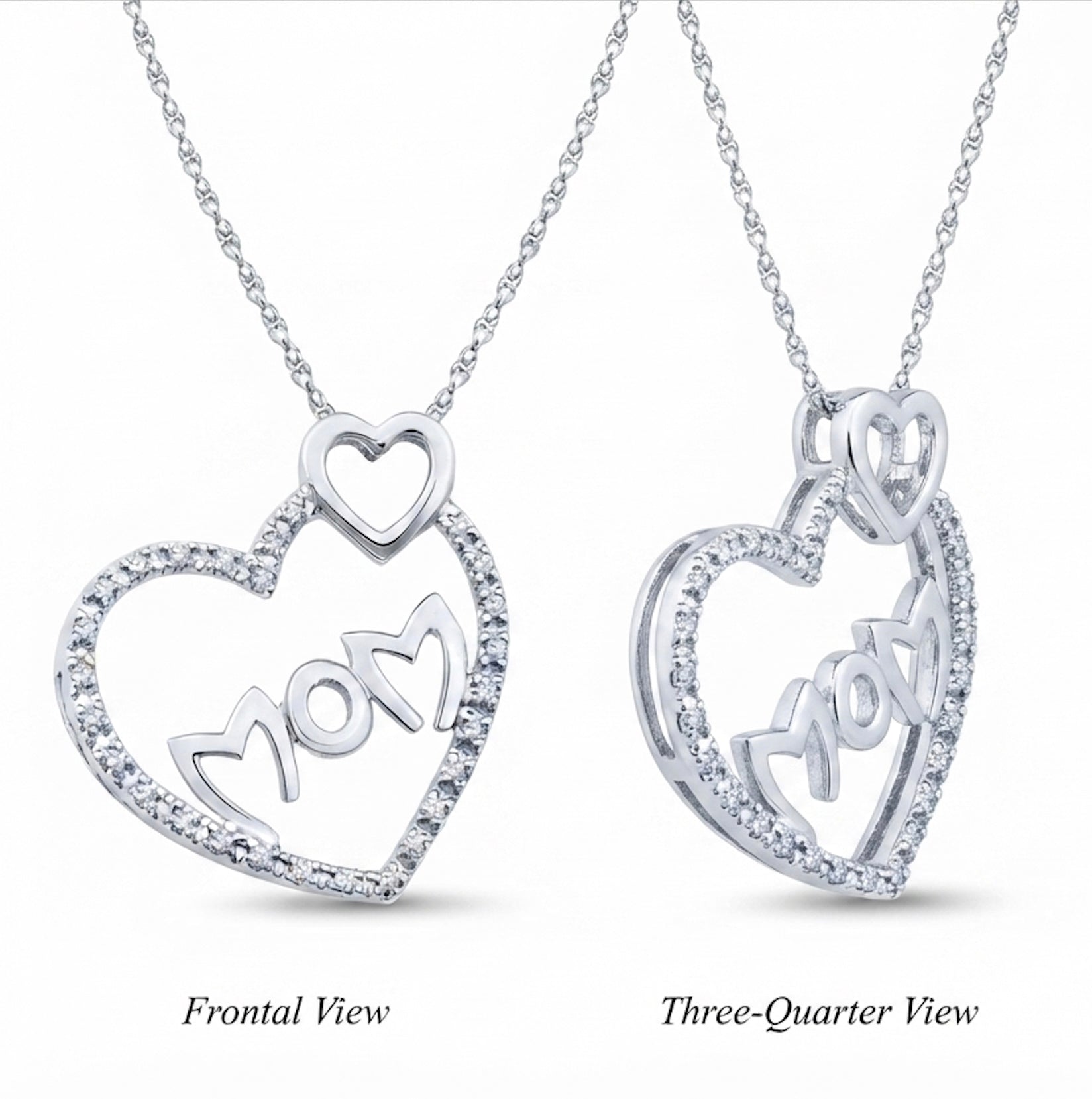 Sterling Silver Round Diamond Mom Double Heart Pendant with 1/10 CTTW Natural Diamonds on chain