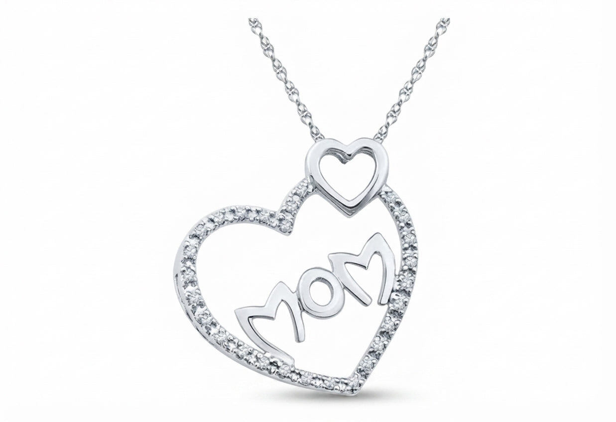 Sterling Silver Round Diamond Mom Double Heart Pendant with 1/10 CTTW Natural Diamonds