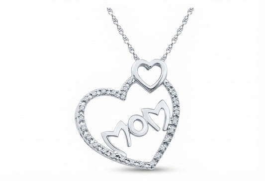 Sterling Silver Round Diamond Mom Double Heart Pendant with 1/10 CTTW Natural Diamonds
