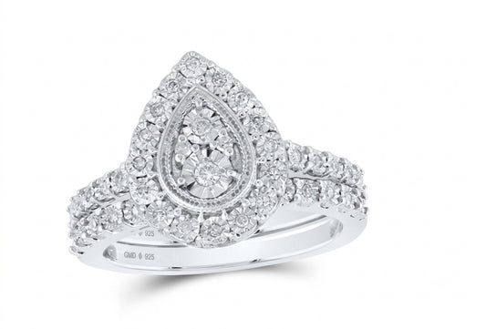 Sterling silver round diamond teardrop bridal wedding ring set with 1/5 carat total diamond weight