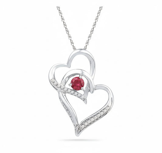 Sterling silver double heart pendant with round lab-grown rubies – 0.33 CTTW