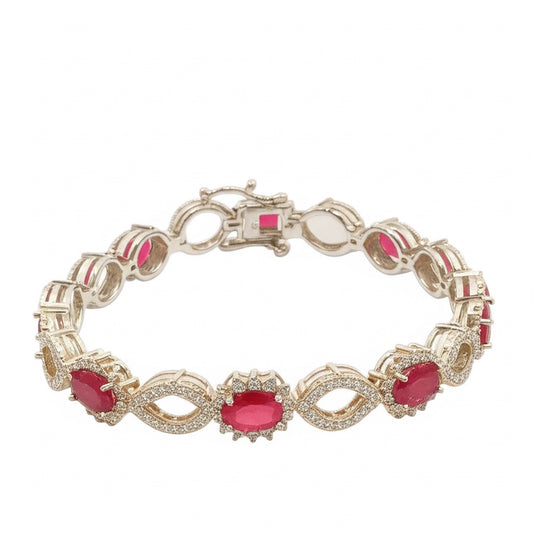 Sterling silver women’s tennis bracelet with synthetic ruby and white sapphires, 7 inches