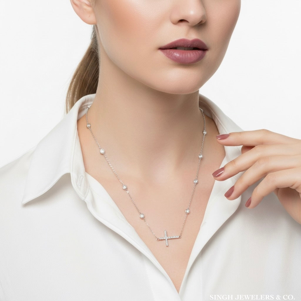 sterling silver sideways cross necklace worn on model