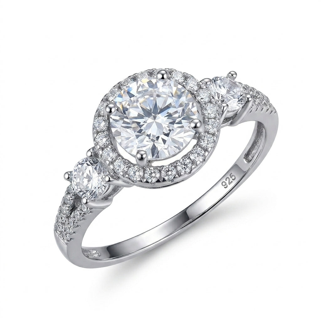 Close-up of split shank ring in sterling silver with sparkling white sapphires