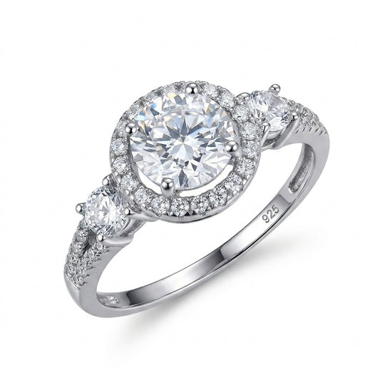 Close-up of split shank ring in sterling silver with sparkling white sapphires