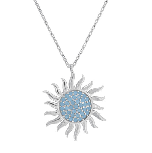 Sun pendant with turquoise gemstone, 18-inch sterling silver necklace.