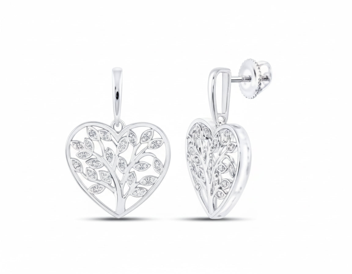 Sterling silver Tree of Life heart earrings with diamonds