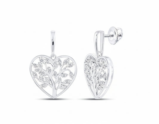 Sterling silver Tree of Life heart earrings with diamonds