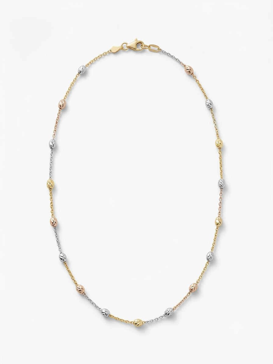 Sterling Silver Tri-Tone Overlayed Bead Chain Necklace 18 inch made from sterling silver with tri-tone finish. Chain only, do not get wet to prevent discoloration.