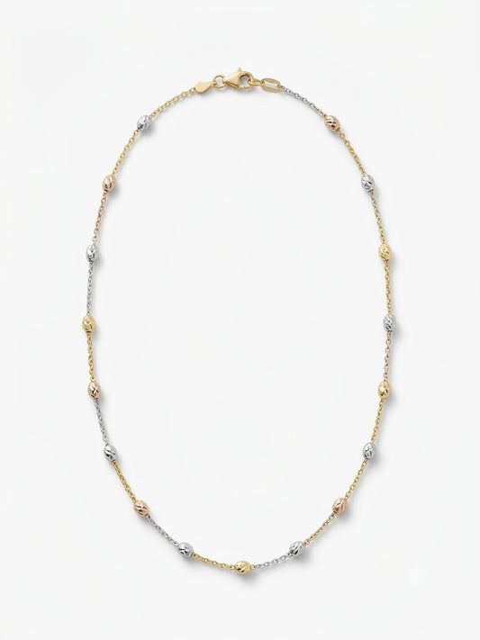 Sterling Silver Tri-Tone Overlayed Bead Chain Necklace 18 inch made from sterling silver with tri-tone finish. Chain only, do not get wet to prevent discoloration.