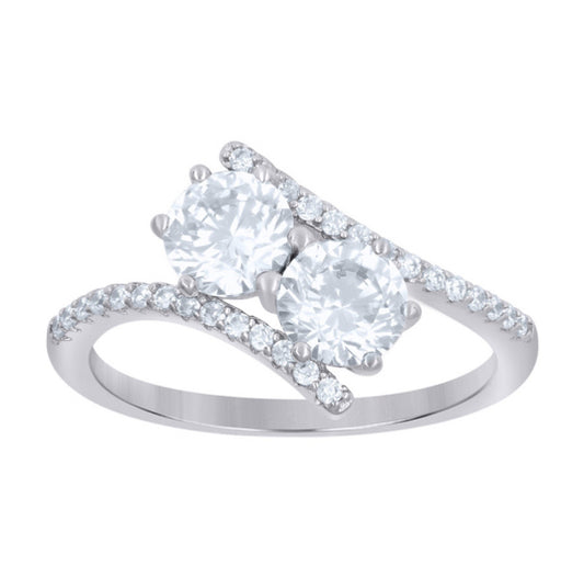 Sterling silver bypass ring with white sapphires front view