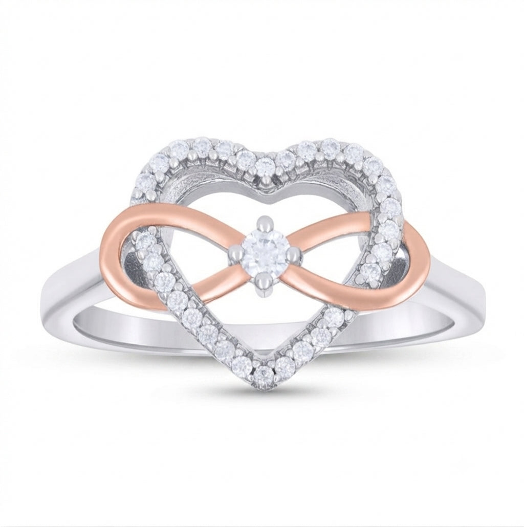 Sterling silver white sapphire infinity ring with rose gold tone