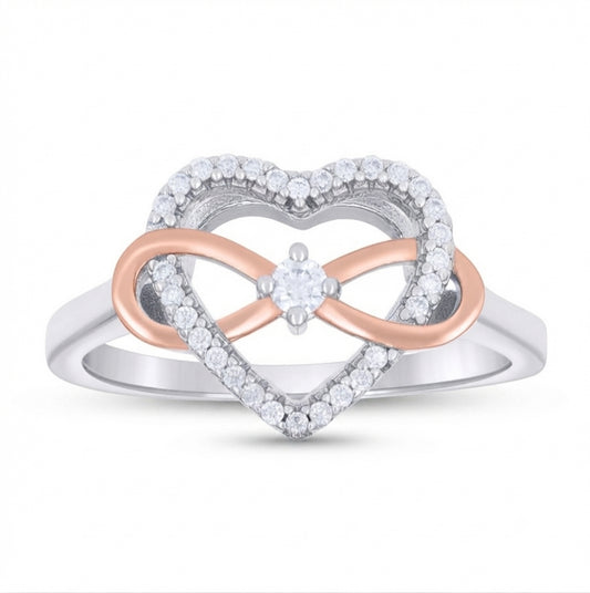Sterling silver white sapphire infinity ring with rose gold tone