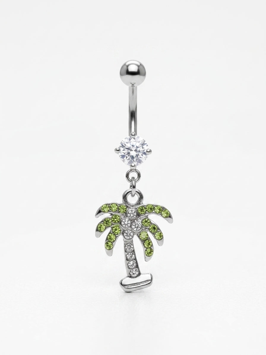 Surgical stainless steel palm tree belly button dangle ring with tropical charm