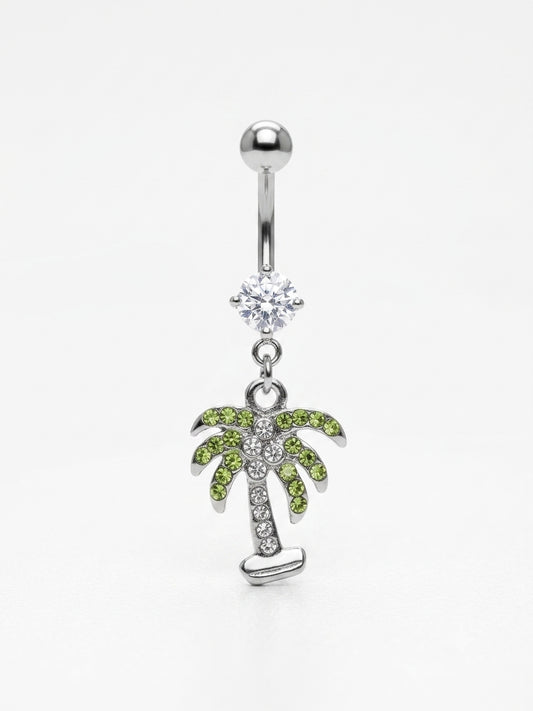 Surgical stainless steel palm tree belly button dangle ring with tropical charm
