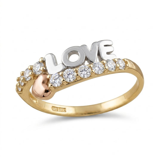 10K tri-tone love heart ring featuring rose gold heart and white sapphire stones