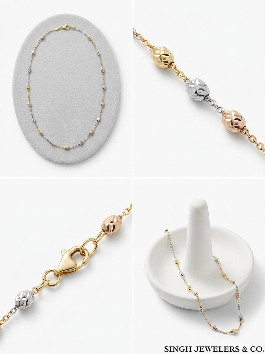 Close-up of sterling silver tri-tone overlayed bead chain, 18 inch length.