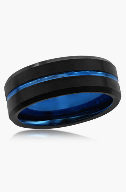 Tungsten blue and black wedding band front view, size 15