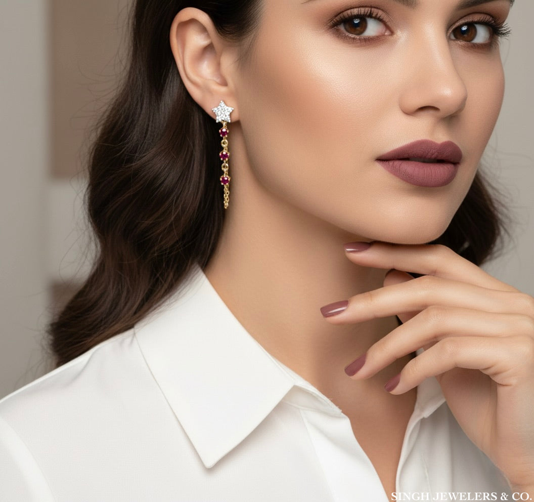 Twinkle Star ruby and diamond earrings in 10K gold, elegant fine jewelry for women