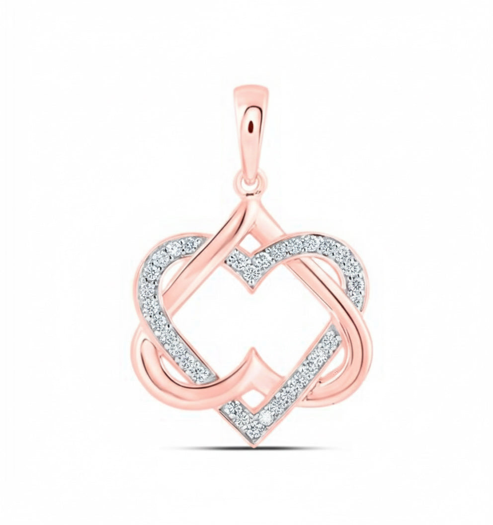Rose gold heart-shaped pendant with diamonds on a white background