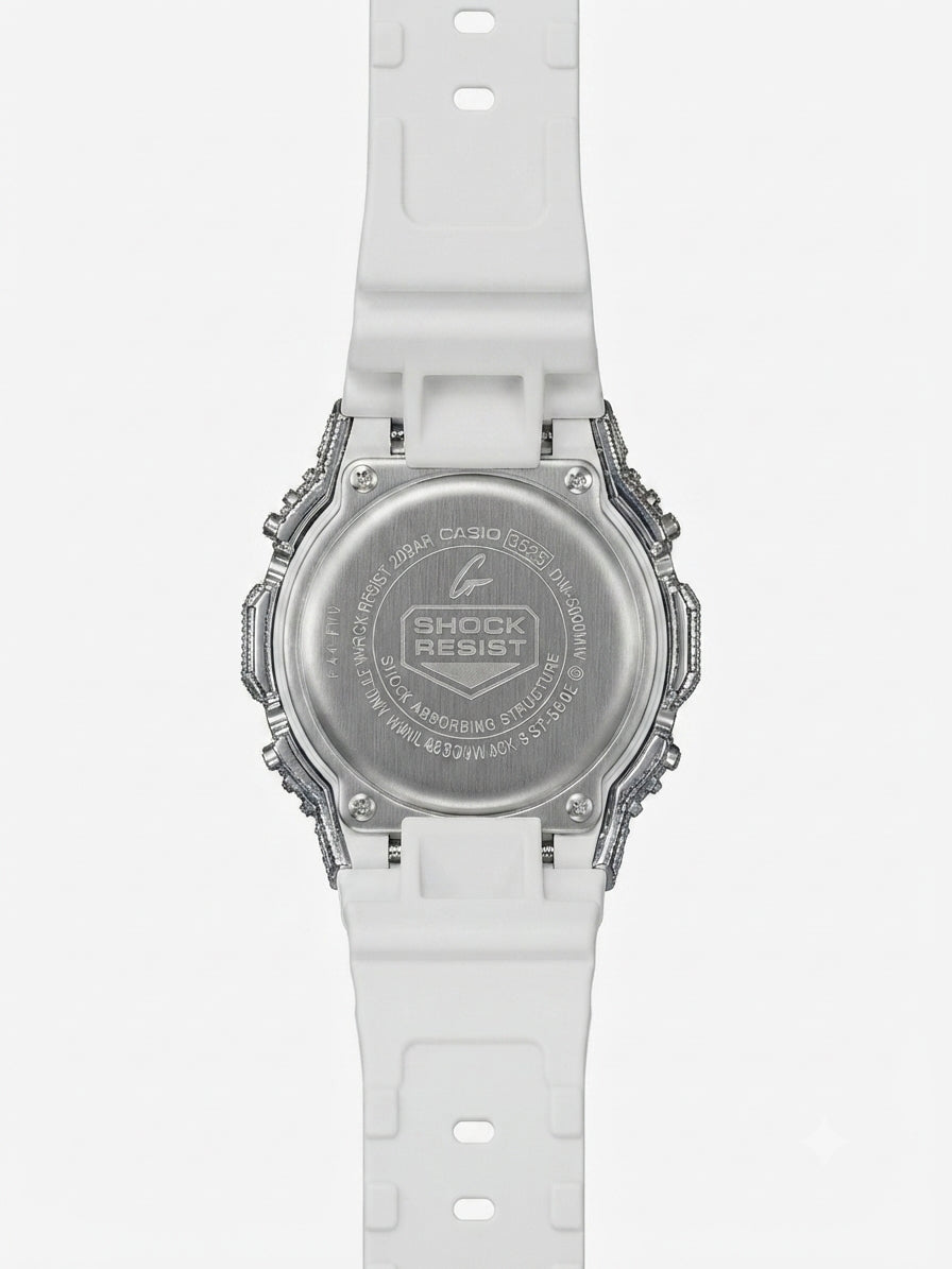White Casio G-Shock watch with custom moissanite stone setting and fully iced-out finish.