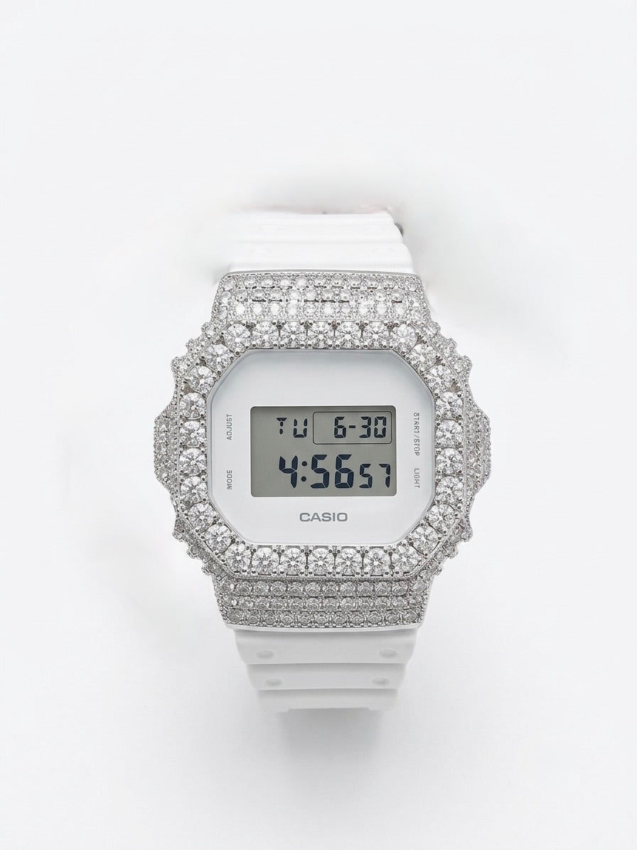 White Casio G-Shock watch customized with sparkling moissanite stones and an iced-out bezel.