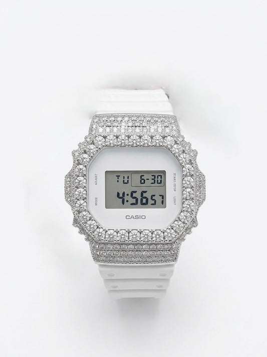 White Casio G-Shock watch customized with sparkling moissanite stones and an iced-out bezel.
