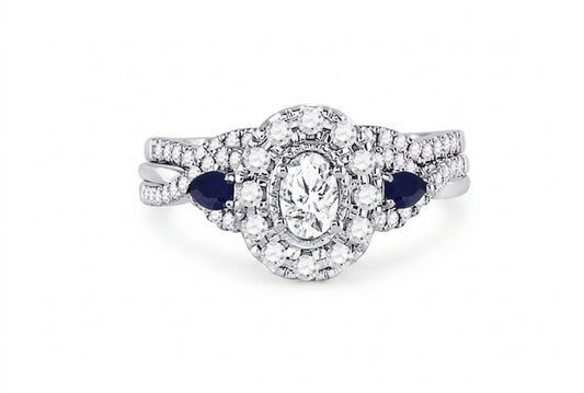 14K white gold oval diamond bridal wedding ring set with natural blue sapphires, 7/8 carat total weight, size 7