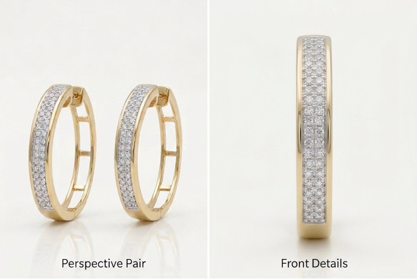 Close-up of 0.30 CTTW natural diamonds set in 10K yellow gold hoop earrings