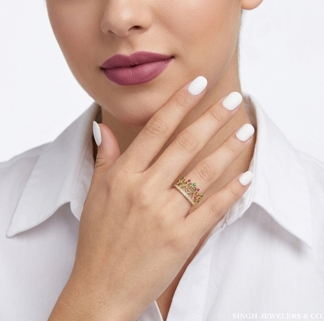 women wearing 14K yellow gold quinceanera ring with colorful stones