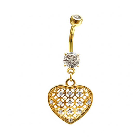 Yellow gold dangle belly button ring with cubic zirconia crystal made from 316L surgical stainless steel
