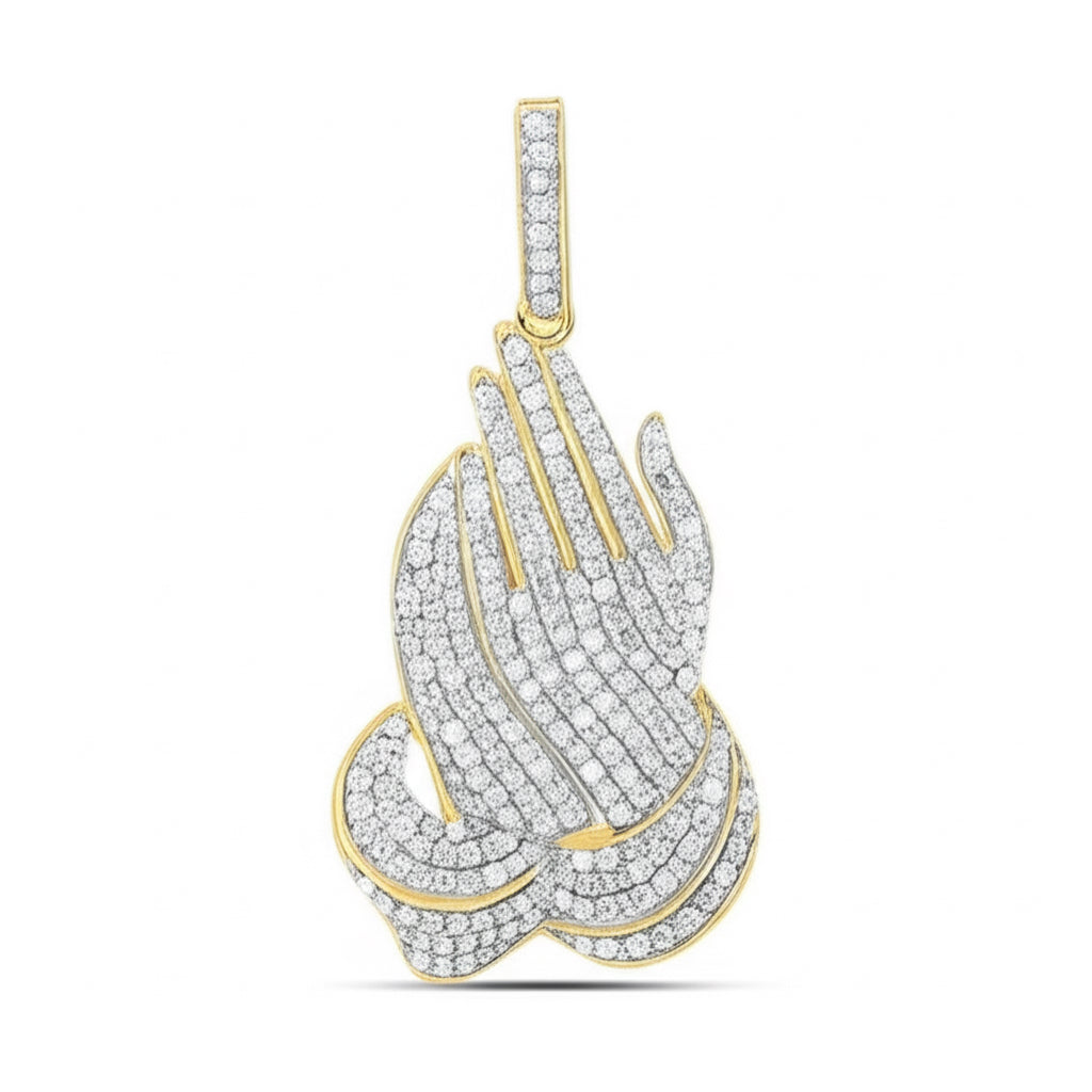 Yellow gold praying hands charm with round diamond accents