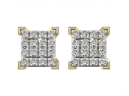 Pair of diamond earrings with gold accents on a white background