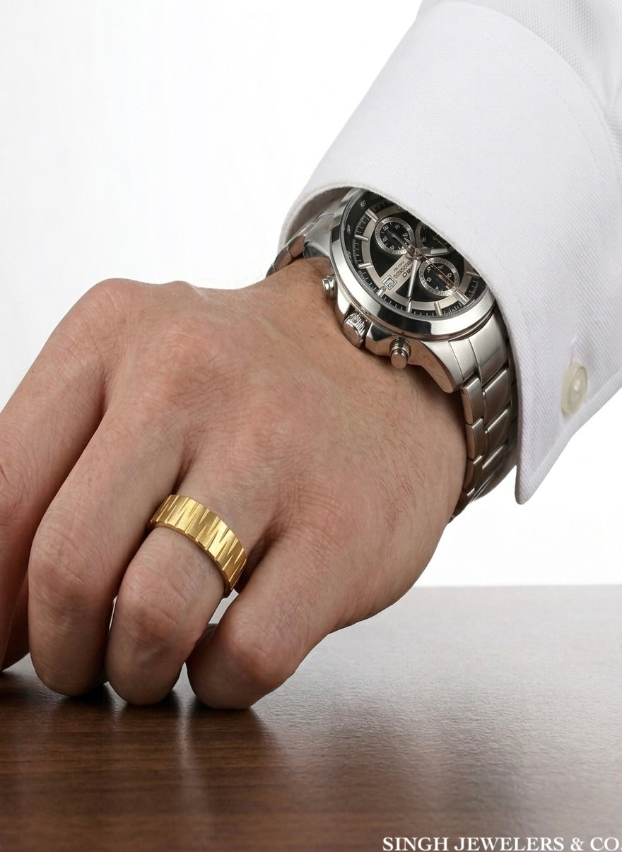 Durable tungsten wedding band with geometric texture. Scratch-resistant tungsten gold ring for men