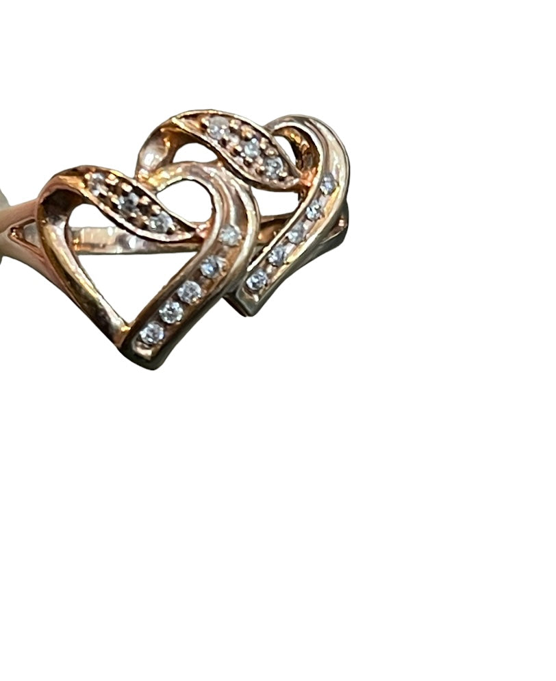 10K Rose Gold Double Hearts Ring, 1/6 Cttw Round Diamonds, Size 7, Romantic Jewelry