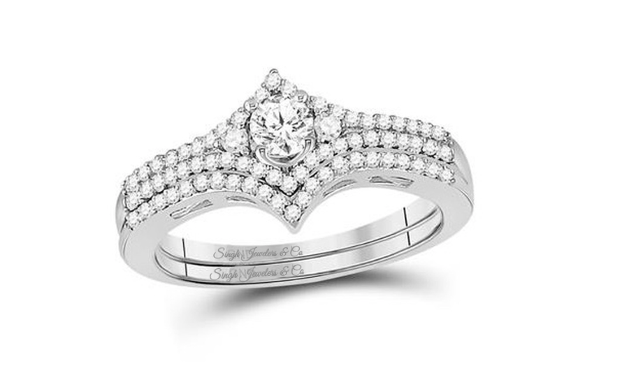 14K White Gold Chevron Bridal Wedding Ring Set