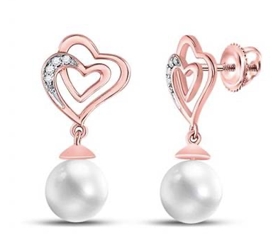 10K Rose Gold Dia Pearl Heart Dangling Earrings